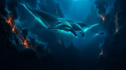 Glowing Manta Over Research Vessel