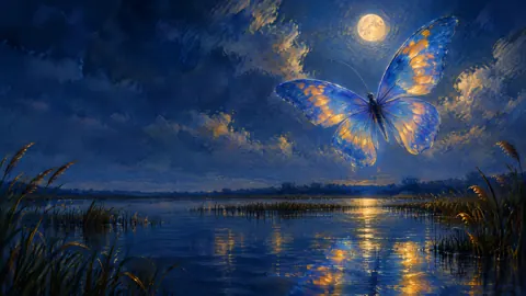 Blue Butterfly Over Moonlit Marsh