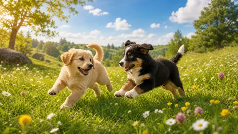 Two Puppies in Wildflowers
