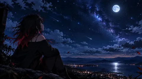 Anime Woman Above Lakeside Town