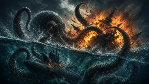 Kraken Attacking Warship and Submarine