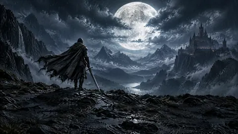 Armored Warrior Facing Moonlit Castle