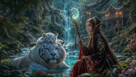 Elven Maiden With White Tigers