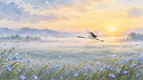 Red-Crowned Crane Over Flax Meadow