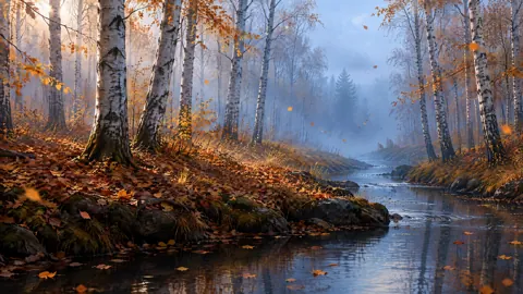 Autumn Birch Stream Fog