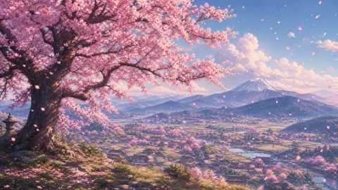 Sakura Tree Over Mountain Village