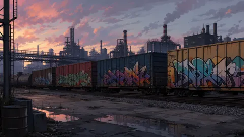 Graffiti Freight Cars at Refinery
