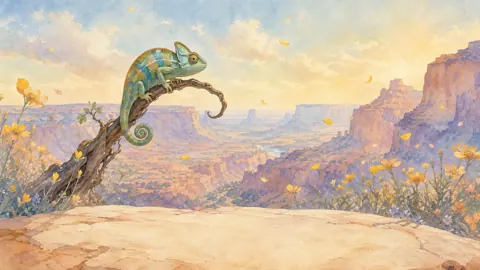Watercolor Chameleon Above Canyon