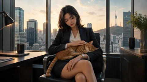 Businesswoman Petting Cat in Seoul
