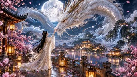 Dragon and Hanfu Woman Under Moon