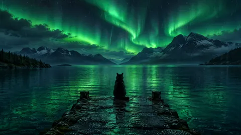 Black Cat Under Aurora