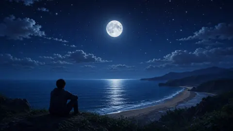 Person on Hill Above Moonlit Ocean