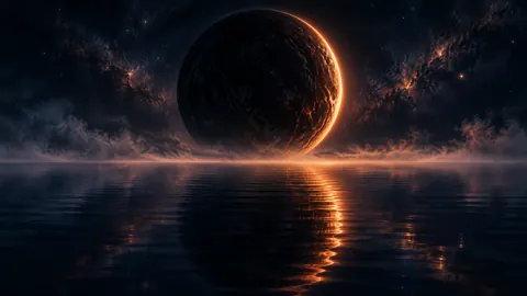 Obsidian Planet Over Midnight Ocean
