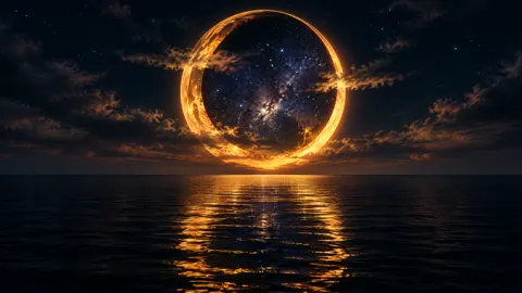 Hollow Amber Moon Over Ocean