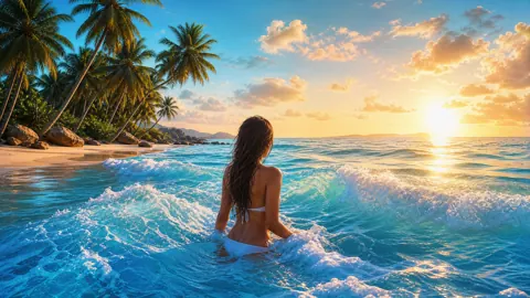 Woman in White Bikini at Sunset