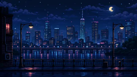 Pixel City Skyline With Moon