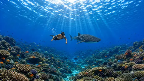 Snorkeler Beside Whale Shark