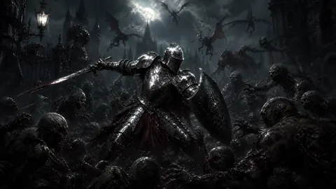 Armored Knight in Rainy Gothic City