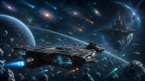 Space Fleet Above Blue Planet