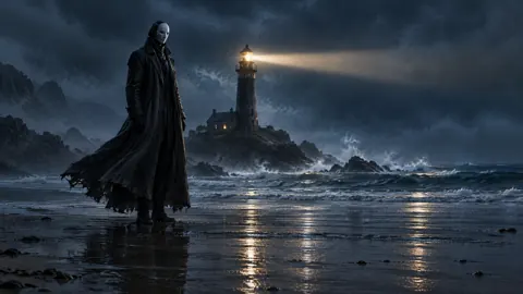 Masked Figure by Lighthouse