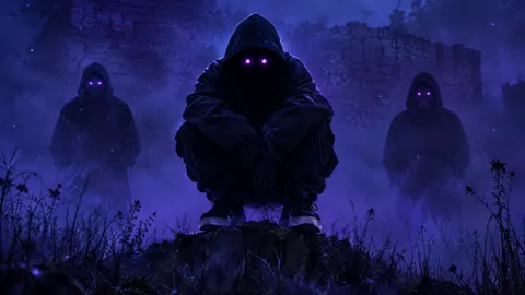 Hooded Figures by Ruined Wall