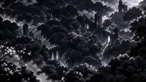 Cloaked Figure Above Ruined Forest