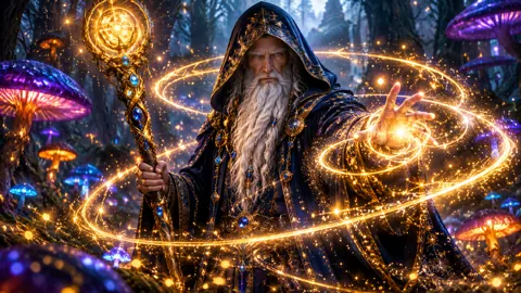 Wizard in Glowing Mushroom Forest