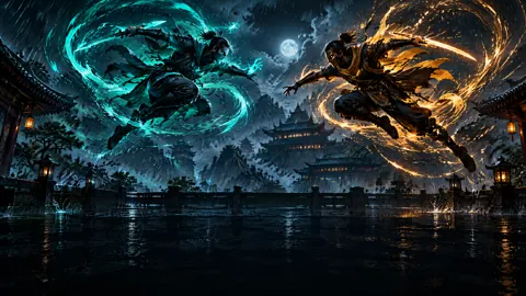 Masked Fighters Above Moonlit Rooftops