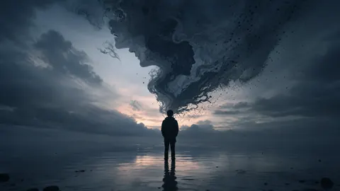 Silhouette Beneath Face-Shaped Storm Clouds