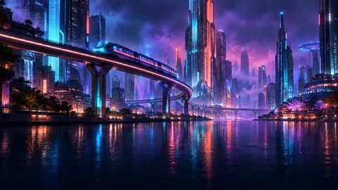 Cyberpunk Monorail Over Canal