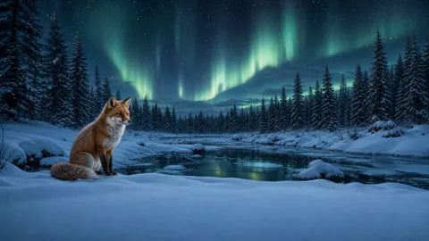 Red Fox Under Northern Lights