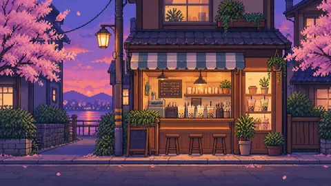 Pixel Boba Shop at Dusk