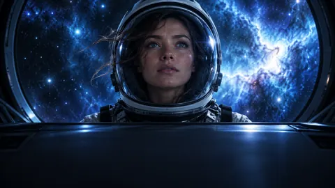 Female Astronaut Viewing Blue Nebula