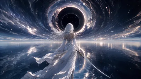White-Haired Swordswoman Beneath Black Hole