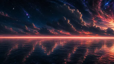 Black Ocean Under Nebula Sky