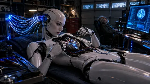 Female Robot Repairing Glowing Heart