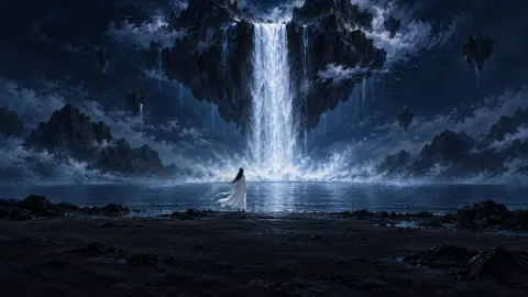 White-Robed Wanderer Below Waterfall