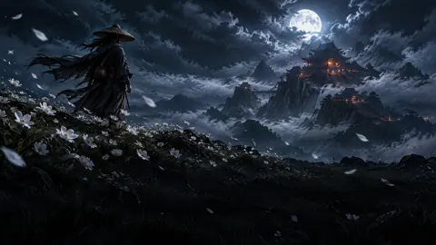 Straw-Hatted Wanderer at Moonlit Temple