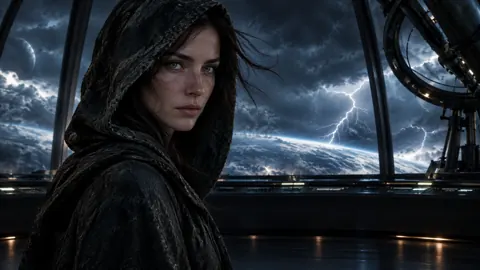 Hooded Woman Above Stormy Earth