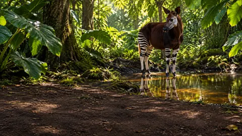 Okapi in Forest Pool