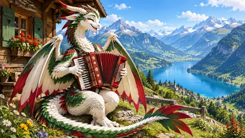 Wyvern Playing Accordion in Switzerland