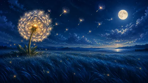 Glowing Dandelion Under Full Moon