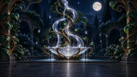 Moonstone Fountain in Moonlit Courtyard