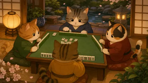 Kimono Cats Playing Mahjong