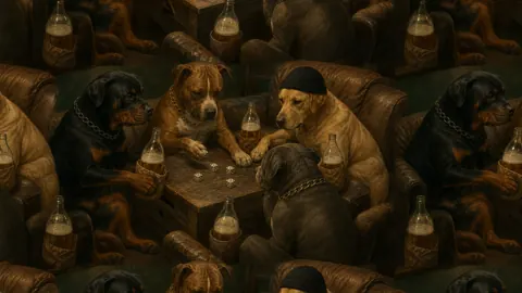 Dogs Playing Dice with Beer