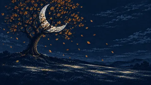 Crescent Moon in Autumn Tree