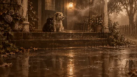 Black Kitten and Terrier in Rain
