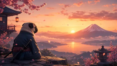 Pug Samurai Beneath Cherry Blossoms