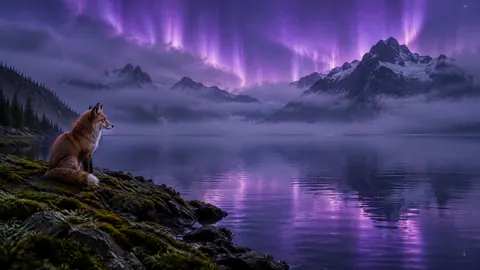 Red Fox Under Aurora
