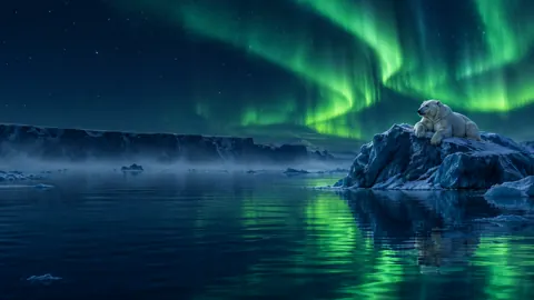 Polar Bear Under Northern Lights